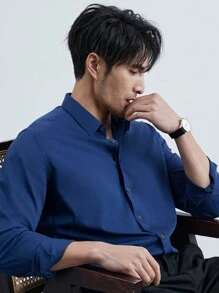 MEN'S TOP Plain Men's Shirt With Elastane Slim Fit Long Sleeve Without Pocket Made In China - Mint Blue - View 2