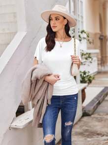 KAHULE Womens Boat Neck Short Sleeve  Side Shirring Dolman Drape Top - trắng - Xem 6