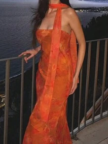 抹胸荷叶边性感渔网印花连衣裙 - 橘色 - 查看 3