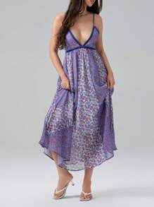 Cute Floral Long Sundresses For Women Boho Smocked Spaghetti Strap Dress Y2k Flowy Beach Ruffle Backless Maxi Dress - 藍色 - 查看 6