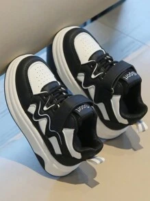 1 Pair Unisex Breathable PU Contrast Color Round Toe Low Top Soft Bottom Casual Versatile Sports Shoes, Basketball Shoes, Thick Sole Flat Heel, Suitable For All Seasons - Black - View 2