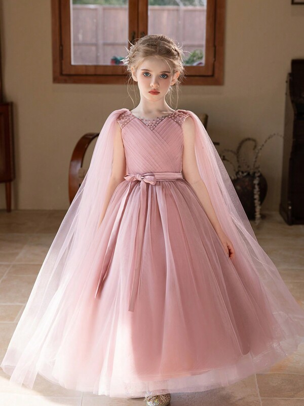 Tween Girl Pink Long Gown Dress With Sheer Cape, Flower Girl Dress For Wedding, Birthday Party