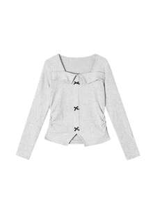 Retro American Style Bowknot Collar Long Sleeve T-Shirt For Women, Waist Cinched Slim Fit Casual Tee