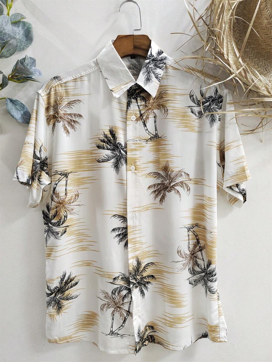 Floral Hawaiian Beach Shirt Summer Men's Short Sleeve Button Down 100% Viscose Fabric Shrinks A Little - Màu Khaki - Xem 1