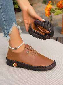 Zapatillas de mujer cómodas y suaves.Zapatillas casuales para mujer - Decoración metálica, estampado a cuadros, suela plana, ligero, versátil, zapatillas blancas - Marrón - Ver 3