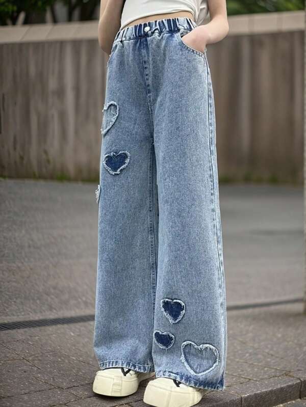 Plus Size Girls' Washed Blue Heart Shaped Casual Loose Wide Leg Jeans, Loose Fit Denim Pants, Fashion Teens Clothing