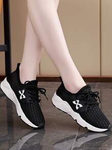 Women's Casual Sneakers With Lace-Up, Contrast Color, For Sports And Daily Wear, Summer
