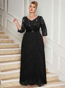 Plus V Neck Sequin Floral Lace Ruffle Trim Chiffon Hem Evening Party Maxi Dress, Formal Wedding Guest Dress, For Birthday, Graduation, Homecoming - Black - View 2