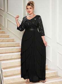 Plus V Neck Sequin Floral Lace Ruffle Trim Chiffon Hem Evening Party Maxi Dress, Formal Wedding Guest Dress, For Birthday, Graduation, Homecoming - Black - View 7