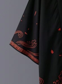 Japanese Style Fox Print Casual Lightweight Kimono Top, For Spring/Summer, Vintage Harajuku Streetwear, Travel, Beach Cover-Up, Performing Arts Costume - Black - View 4