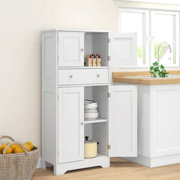 HOMCOM HOMCOM Kitchen Cupboard, Modern Freestanding Kitchen Storage Cabinet With Doors And Shelves, Kitchen Cabinet With Drawer And Adjustable Shelf, White