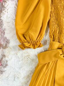 Pleated Midi Dress With Elastex Waist - Yellow - View 7