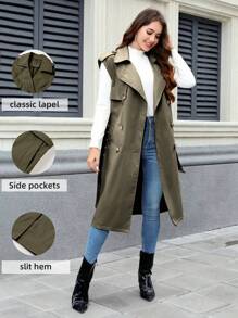 Women's Mid-Length Commuter Trench Coat With Pockets And Belt - An Ideal Choice For Spring And Autumn - Green - View 2