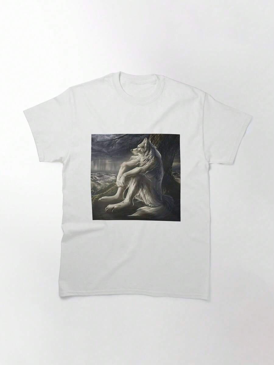 Emo Wolf Sitting Classic T-Shirt, Women's T-Shirt, 220g Pure Cotton, Casual Crew Neck, Perfect For Casual Days And Social Events. - White - View 1