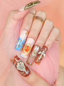 10 Stk. handgefertigte lange, quadratische aufklappbare Nägel im Farbverlauf-Französisch-Stil mit 3D Linienkunst, goldene Blumen, Kreuze, Engel, luxuriöser Stil Kunstnägel für Frauen und Mädchen