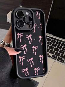 Bow-Knot Cute Bow Painted Simple Groove Design Black Painted Phone Case Compatible With IPhone 16/15/XR/16 Pro Max/7P8P/P12 Pro Max/P13 Pro Max/P14 Pro Max/P13/P14/P11/P12/P14 Women Soft Anti-Fall XS/S/XS Max/78GES2, Fashionable Thick Protective Cover