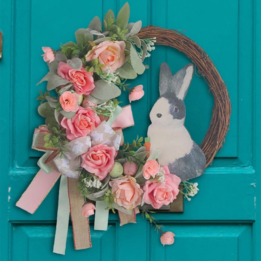 1PC Easter Bunny Wreath For Front Door Or Wall Artificial Rabbit Wreath Spring Wreath Easter Decor Outdoor Indoor Hanging Wreath