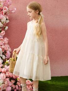 ASK JUNIOR 女童连衣裙，2025 花卉无袖中长款 A 字型甜美公主裙，夏季 - 米色 - 查看 3