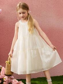 ASK JUNIOR 女童连衣裙，2025 花卉无袖中长款 A 字型甜美公主裙，夏季 - 米色 - 查看 7