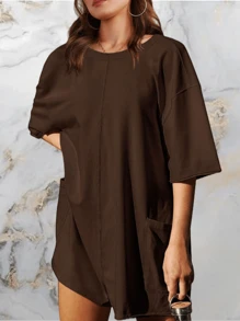 Summer 2026 Women's Oversized Short Sleeve Athletic Romper With Pockets For A Dynamic Look - 咖啡棕 - 查看 5