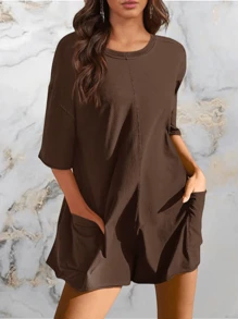 Summer 2026 Women's Oversized Short Sleeve Athletic Romper With Pockets For A Dynamic Look - 咖啡棕 - 查看 4