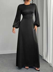 Women Solid Color Round Neck Elegant Lantern Sleeve Simple Cinched Waist Long Dress,Modest - Black - View 3