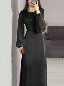Women Solid Color Round Neck Elegant Lantern Sleeve Simple Cinched Waist Long Dress,Modest - Black - View 1