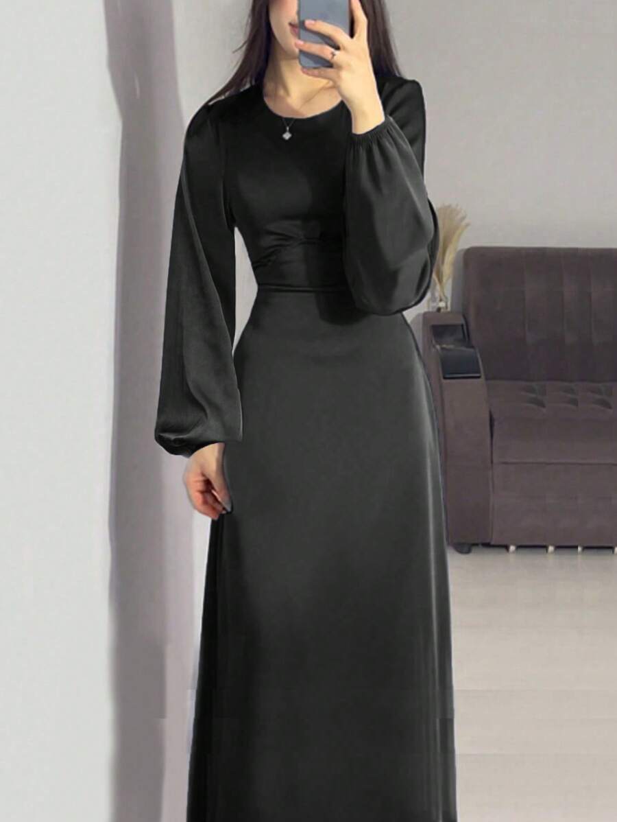 Women Solid Color Round Neck Elegant Lantern Sleeve Simple Cinched Waist Long Dress,Modest - Black - View 1