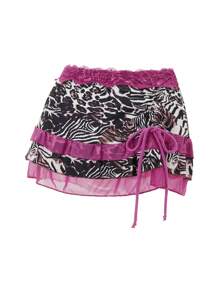 Women's Vintage Leopard Print Mini Skirt Low Waist Ruffle Drawstring Lace Irregular Hem Y2K Short Skirt - Purple - View 10
