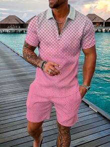 Plus Size Men's Gradient Color Summer Outfit, Short Sleeve Zip Collar Golf Polo Shirt And Drawstring Waist Shorts Set