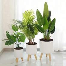 Maceta redonda de pie con sistema de drenaje y autorriego para plantas, bonsái y hierbas con patas de madera, para vivero y decoración moderna
