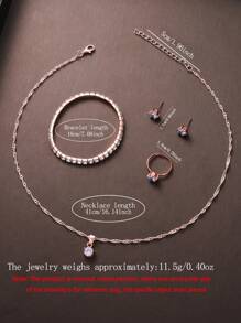 6 件/套优雅奢华青少年水钻装饰石英表和水钻首饰套装项链、手链、耳环、戒指，奢华优雅，闪闪发光，送给朋友、派对假期感恩节、返校的礼物 - 玫瑰金 - 查看 7