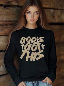 Women Cool Letter Doodle  T-Shirt Fashion Print Long Sleeve Round-Neck Loose Fit Tops Streetwear