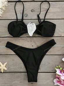 Women 3pcs Bandeau Bikini Set Set With Floral Design & Matching Pareo Skirt