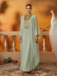 AmazingHoney Elegant Light Green Abaya With Gold Beads Embellished Trim, Luxurious Long Modest Dress For Women, Arabic Dresses (Oversized Fit– Please Check Size Chart), Kaftan - Light Green - View 8