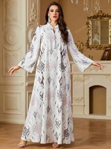 Women's Elegant Floral Print V-Neck Long Casual Arabian Dress, Spring/Summer