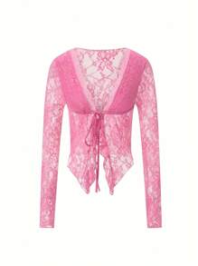 Women Crop Long Sleeve Tops Floral Lace Basic Shirt Casual Tie Front Cardigan Club Streetwear Aesthetic Clothes