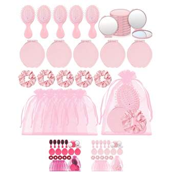 5 件套粉色女士派对礼品化妆派对礼品，粉色发刷弹性粉色发圈小巧粉色化妆镜粉色欧根纱包发饰单身派对婚礼新娘送礼会伴娘礼物公主生日派对用品