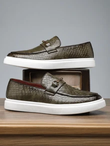 [Fast Arrival] Men's Business Casual Shoes, Fashionable British Soft Sole, Men's British Casual Flat Button Leather Shoes, Brand New Breathable Soft Sole Shoes - màu xanh lá - Xem 3