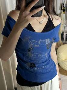 Women's Fashionable Y2K Retro Backless Lace-Up Fitted Music Note Print Crop Top, Short Sleeve T-Shirt - Navy Blue - View 8