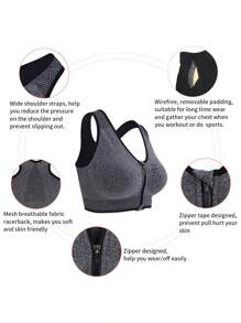 3pc AAGROSTE Women's Zip Front Closure Sports Bra - Seamless Wirefree Post Surgery Zipper Padded Racerback Workout Gym Yoga Bras - Grey - View 6