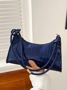 Women's Fashion Navy Blue Crocodile Embossed Baguette Shoulder Bag