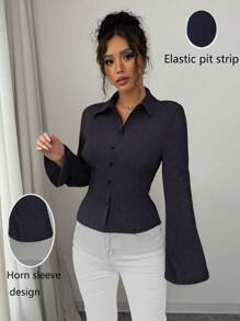 Blusa aderente a costine di un unico colido, con maniche a sbuffo, stile di moda Y2K, adatta per primavera estate autunno, casual, vacanze e uso quotidiano/pendolare