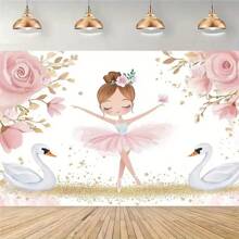 1pc Classic Pink Ballerina Birthday Backdrop, Polyester Floor Stand, Multipurpose, Powered-Free, Elegant Candle & Gift Design, Suitable For Photography Studio
