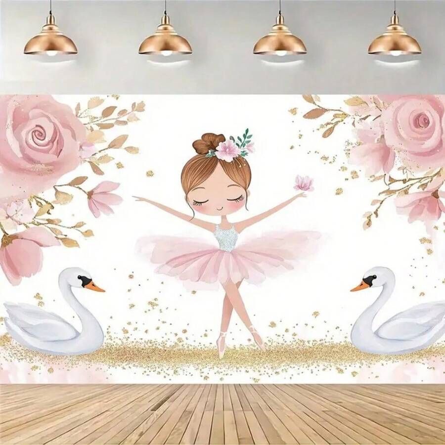 1pc Classic Pink Ballerina Birthday Backdrop, Polyester Floor Stand, Multipurpose, Powered-Free, Elegant Candle & Gift Design, Suitable For Photography Studio