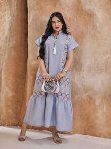 Arabic Style Women Elegant Long Dress JALABIA 2025, Spring & Summer, Ramadan - Baby Blue - View 2
