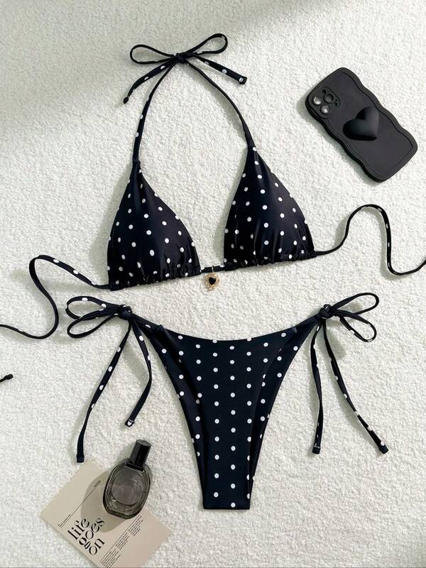 Women 2pcs Sexy Black & White Polka Dot Printed Bikini Swimwear Set, European & American Style, For Summer Beach Vacation