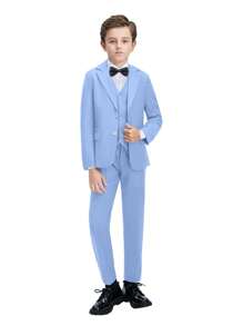 5件套男童正装套装，幼儿燕尾服套装，婚礼花童礼服，包含外套、马甲、裤子、衬衫、领带，适合儿童生日、婚礼、毕业典礼、婚礼宾客、花童等场合，浅蓝色，尺码6-16岁