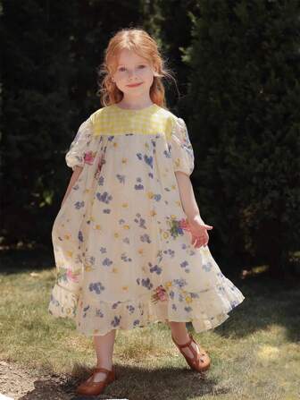 夏季新款年轻女孩清新小碎花图案宽松长款连衣裙，优雅独特风格儿童连衣裙