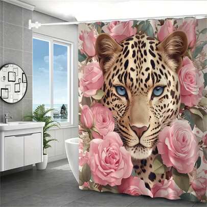 Cortina de ducha con estampado de leopardo y rosas rosadas con 12 ganchos tipo C - Impermeable, lavable a máquina y con estampado animal para decoración del baño en el hogar, decoración de otoño, accesorios de baño, de vuelta a la escuela